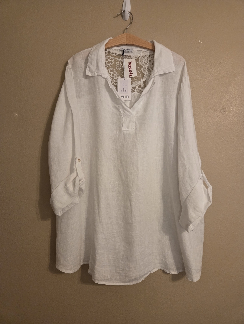 ROSEMARINE White 100% Linen Lacey Crochet Roll Tab Sleeve Tunic Top NEW SZ 3X